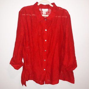 Cold Water Creek Red Floral Sheer Button down Blouse Size XL